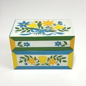 Vintage metal blue & yellow floral recipe box- Syndicate mfg
